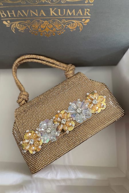 Shop Bhavna Kumar Gold Crystal Embellished Tote Bag at Aza Fashions Shop_Bhavna Kumar_Gold Crystal Embellished Tote Bag_at_Aza_Fashions