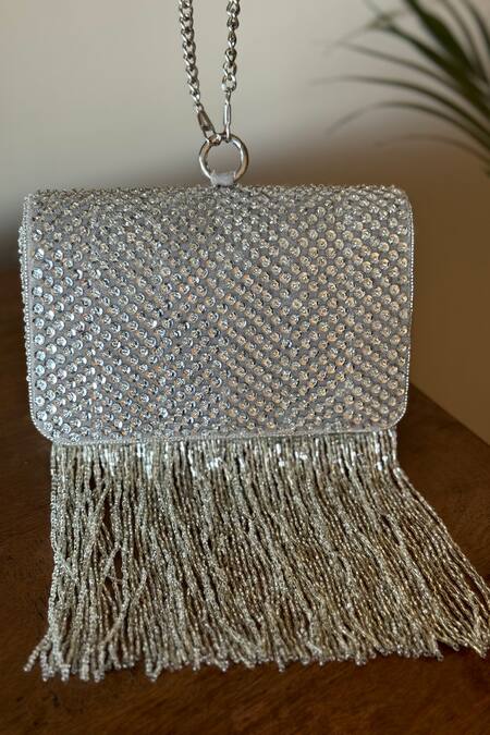 Bhavna Kumar_Silver Sequins Metallic Tasseled Clutch _Online_at_Aza_Fashions