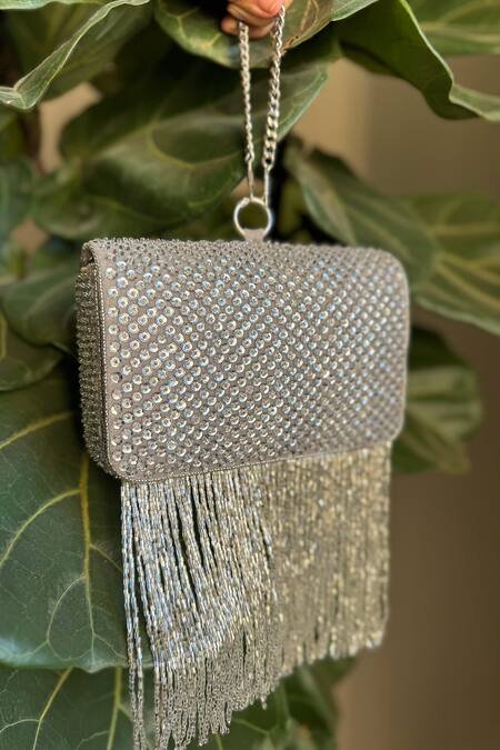 Buy_Bhavna Kumar_Silver Sequins Metallic Tasseled Clutch _Online_at_Aza_Fashions