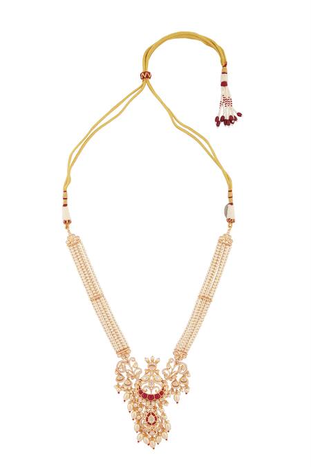Moh-Maya By Disha Khatri_Gold Plated Diamonds, Pearls Moissanite Ruby Stone Encrusted Mor Jewellery Set_Online_at_Aza_Fashions