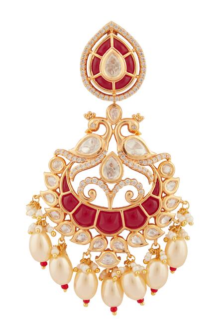 Buy_Moh-Maya By Disha Khatri_Gold Plated Diamonds, Pearls Moissanite Ruby Stone Encrusted Mor Jewellery Set_Online_at_Aza_Fashions