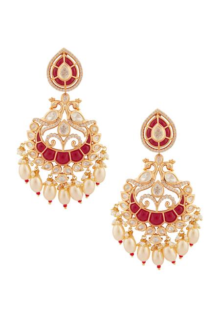 Shop_Moh-Maya By Disha Khatri_Gold Plated Diamonds, Pearls Moissanite Ruby Stone Encrusted Mor Jewellery Set_Online_at_Aza_Fashions