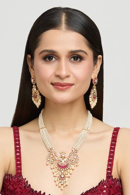 Moh-Maya By Disha Khatri_Gold Plated Diamonds, Pearls Moissanite Ruby Stone Encrusted Mor Jewellery Set_at_Aza_Fashions