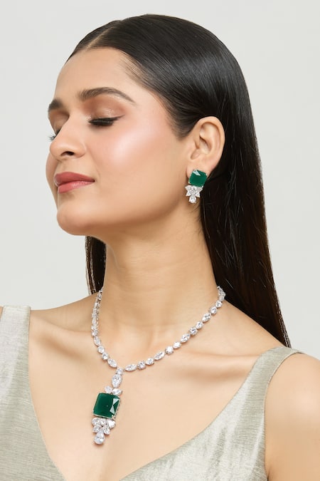 Shop Moh-Maya By Disha Khatri Silver Plated Zari, Stones Quad Emerald Encrusted Jewellery Set Online at Aza Fashions Shop_Moh-Maya By Disha Khatri_Silver Plated Zari, Stones Quad Emerald Encrusted Jewellery Set _Online_at_Aza_Fashions