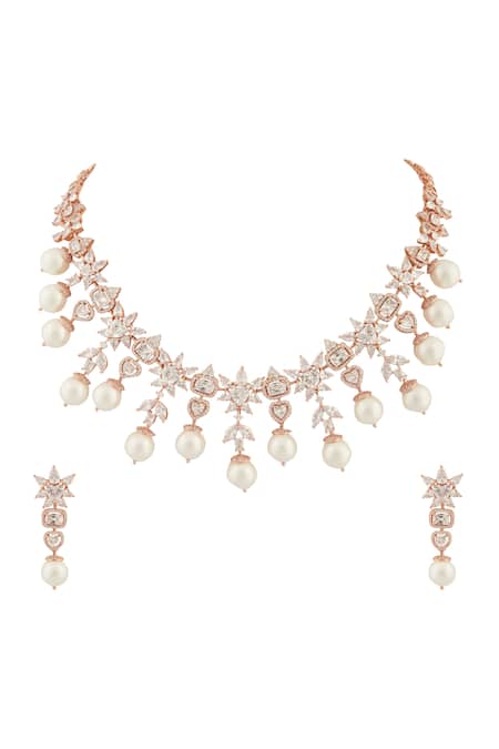 Shop_Moh-Maya By Disha Khatri_Rose Gold Pearls, Diamonds Glorious Floret Moissanite Encrusted Jewellery Set _at_Aza_Fashions