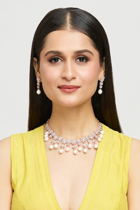 Moh-Maya By Disha Khatri_Rose Gold Pearls, Diamonds Glorious Floret Moissanite Encrusted Jewellery Set _Online_at_Aza_Fashions