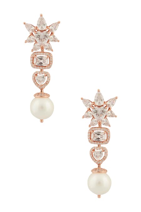 Shop_Moh-Maya By Disha Khatri_Rose Gold Pearls, Diamonds Glorious Floret Moissanite Encrusted Jewellery Set _Online_at_Aza_Fashions