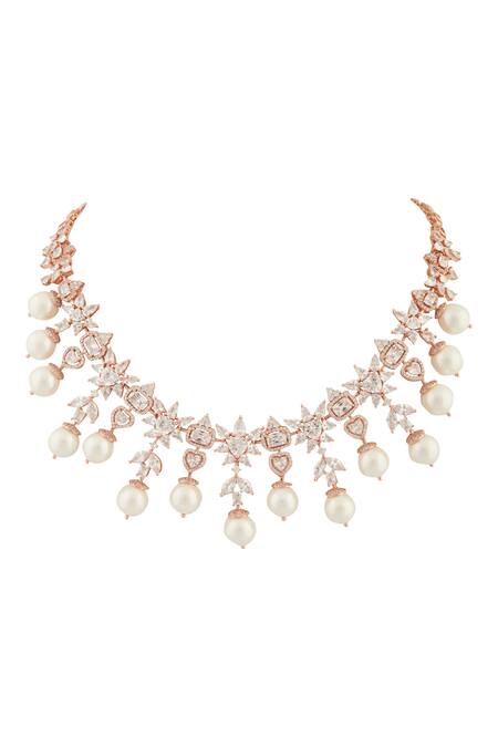 Moh-Maya By Disha Khatri_Rose Gold Pearls, Diamonds Glorious Floret Moissanite Encrusted Jewellery Set _at_Aza_Fashions