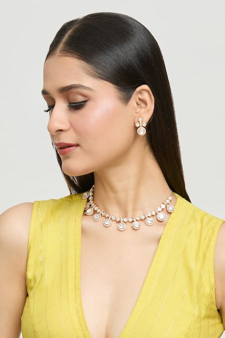 Moh-Maya By Disha Khatri Gold Plated Imitation Diamonds Blissful Dew Moissanite Encrusted Jewellery Set 
