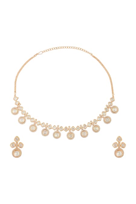 Shop Moh-Maya By Disha Khatri Gold Plated Imitation Diamonds Blissful Dew Moissanite Encrusted Jewellery Set at Aza Fashions Shop_Moh-Maya By Disha Khatri_Gold Plated Imitation Diamonds Blissful Dew Moissanite Encrusted Jewellery Set _at_Aza_Fashions