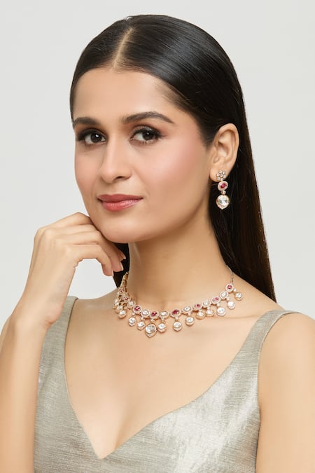 Moh-Maya by Disha Khatri Gold Plated Diamonds, Stones Ornate Moissanite Ruby Encrusted Jewellery Set 