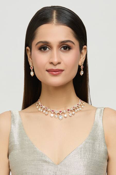 Moh-Maya By Disha Khatri_Gold Plated Diamonds, Stones Ornate Moissanite Ruby Encrusted Jewellery Set_Online_at_Aza_Fashions