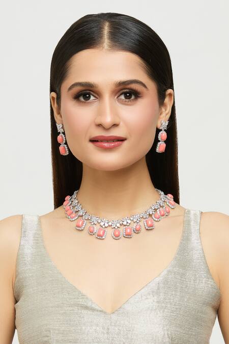Buy_Moh-Maya By Disha Khatri_Silver Plated Zari, Stones Carol Bloom Zircon Encrusted Jewellery Set_Online_at_Aza_Fashions
