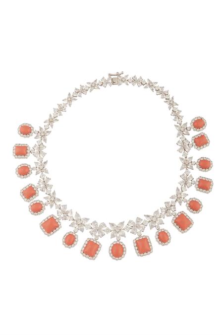 Shop_Moh-Maya By Disha Khatri_Silver Plated Zari, Stones Carol Bloom Zircon Encrusted Jewellery Set_Online_at_Aza_Fashions