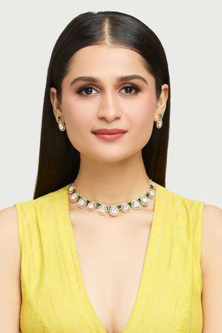 Buy_Moh-Maya By Disha Khatri_Gold Plated Diamonds, Stones Gleaming Moissanite Kundan Encrusted Jewellery Set _Online_at_Aza_Fashions