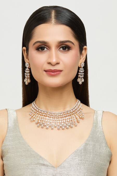 Buy_Moh-Maya By Disha Khatri_Gold Plated Zari Cosmic Zircon Encrusted Choker Jewellery Set _Online_at_Aza_Fashions