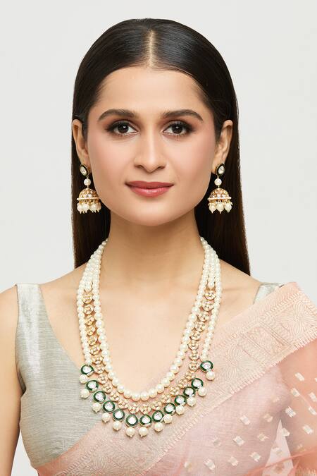 Moh-Maya By Disha Khatri_Gold Plated Pearls, Metallic Thread Layered Kundan Meenakari Jewellery Set_Online_at_Aza_Fashions