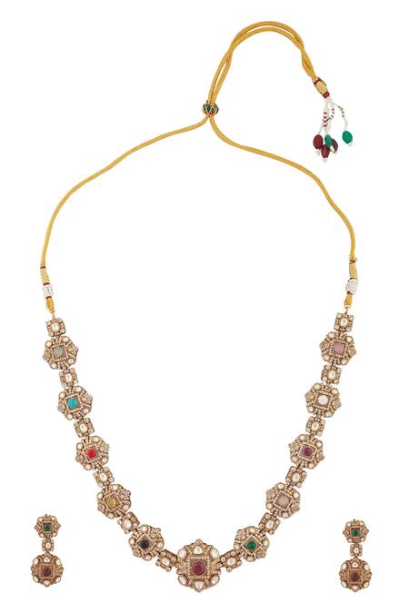 Shop Moh-Maya By Disha Khatri Gold Plated Stones Classic Victorian Fleur Encrusted Jewellery Set at Aza Fashions Shop_Moh-Maya By Disha Khatri_Gold Plated Stones Classic Victorian Fleur Encrusted Jewellery Set_at_Aza_Fashions