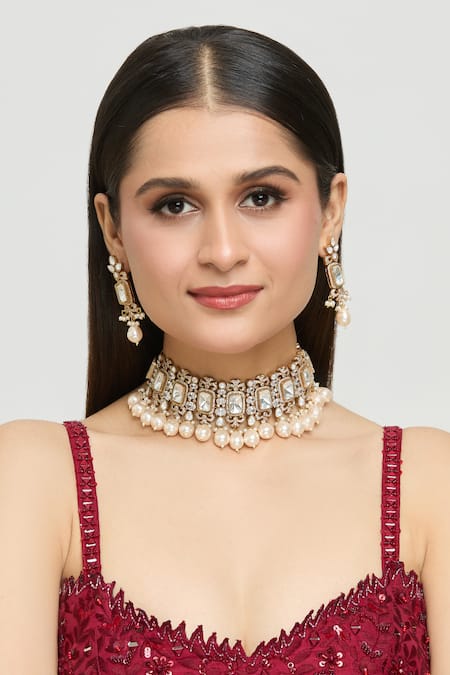 Moh-Maya By Disha Khatri_Gold Plated Pearls, Gota Patti Bella Victorian Finish Jewellery Set _Online_at_Aza_Fashions