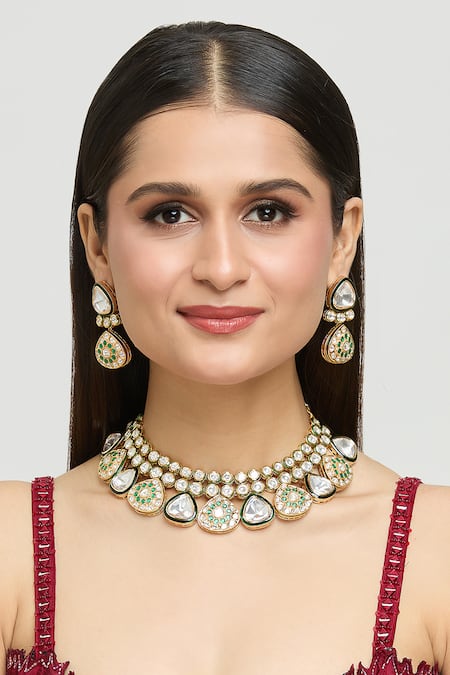 Moh-Maya By Disha Khatri_Gold Plated Metallic Thread, Symphony Emerald Meenakari Kundan Jewellery Set _Online_at_Aza_Fashions