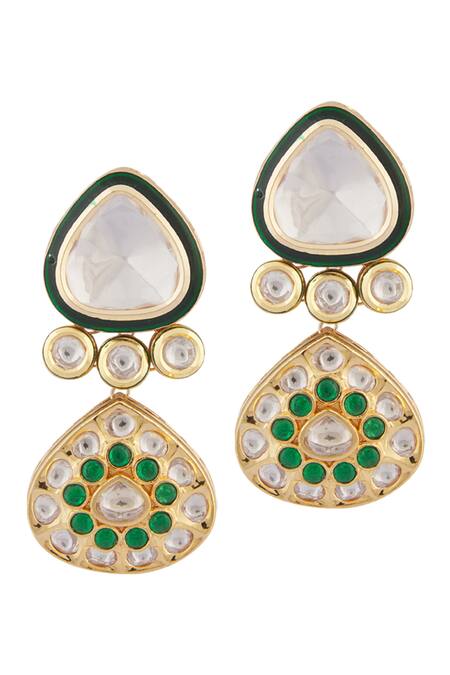 Shop_Moh-Maya By Disha Khatri_Gold Plated Metallic Thread, Symphony Emerald Meenakari Kundan Jewellery Set _Online_at_Aza_Fashions