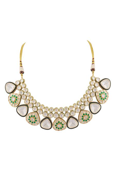 Moh-Maya By Disha Khatri_Gold Plated Metallic Thread, Symphony Emerald Meenakari Kundan Jewellery Set _at_Aza_Fashions