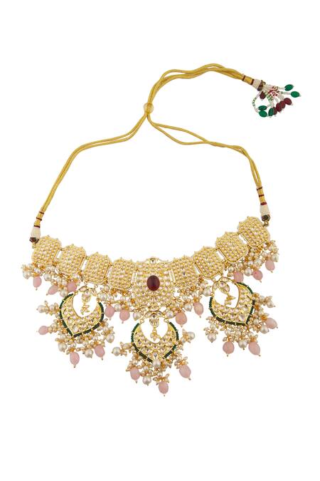 Buy_Moh-Maya By Disha Khatri_Gold Plated Beads, Ruffles, Stones Serene Bloom Ruby Encrusted Jewellery Set _Online_at_Aza_Fashions