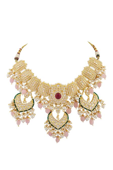 Shop_Moh-Maya By Disha Khatri_Gold Plated Beads, Ruffles, Stones Serene Bloom Ruby Encrusted Jewellery Set _Online_at_Aza_Fashions