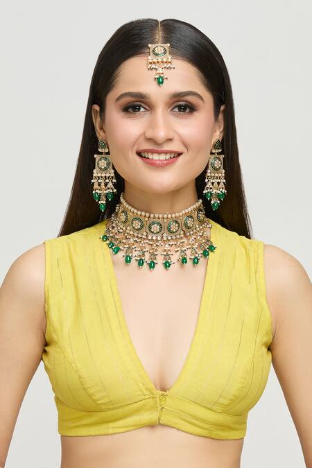 Moh-Maya By Disha Khatri_Gold Plated Metallic Thread, Surya Pakhi Meenakari Kundan Choker Jewellery Set_Online_at_Aza_Fashions