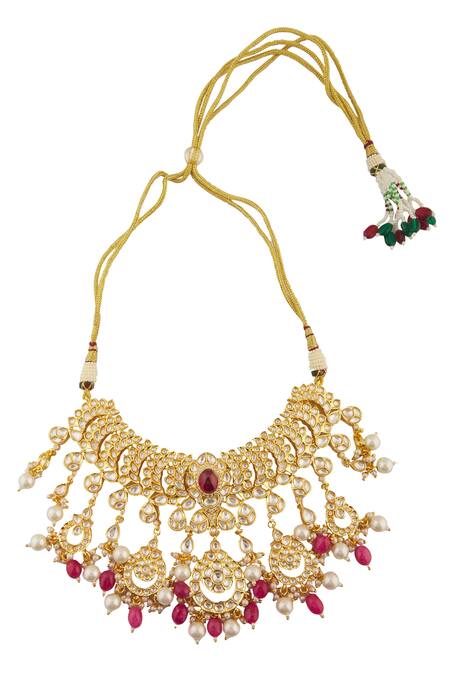 Shop_Moh-Maya By Disha Khatri_Gold Plated Rhinestones, Stones Elina Tulip Ruby And Kundan Jewellery Set_Online_at_Aza_Fashions