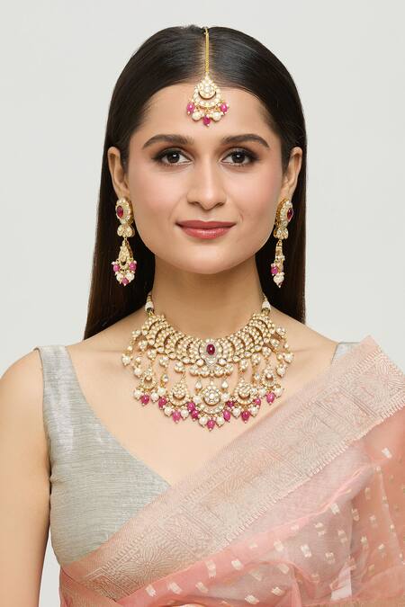 Buy_Moh-Maya By Disha Khatri_Gold Plated Rhinestones, Stones Elina Tulip Ruby And Kundan Jewellery Set