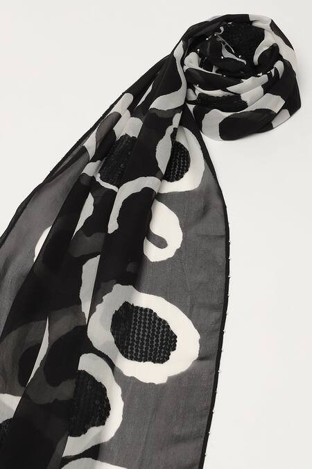 Shop Abraham And Thakore Black Embroidery, Sequins Dot Print Scarf at Aza Fashions Shop_Abraham And Thakore_Black Embroidery, Sequins Dot Print Scarf_at_Aza_Fashions