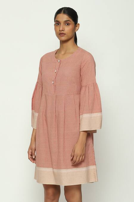 Buy_Abraham And Thakore_Red Cotton Round Neck Chettinad Checkered Short Dress_Online_at_Aza_Fashions