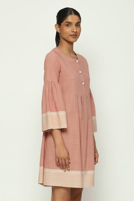 Shop_Abraham And Thakore_Red Cotton Round Neck Chettinad Checkered Short Dress_Online_at_Aza_Fashions