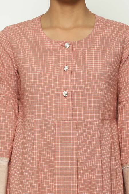 Abraham And Thakore_Red Cotton Round Neck Chettinad Checkered Short Dress_at_Aza_Fashions