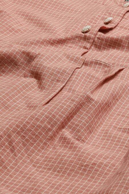 Buy_Abraham And Thakore_Red Cotton Round Neck Chettinad Checkered Short Dress