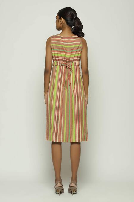 Shop Abraham And Thakore Multi Color Cotton Round Neck Woven Striped Short Dress at Aza Fashions Shop_Abraham And Thakore_Multi Color Cotton Round Neck Woven Striped Short Dress_at_Aza_Fashions