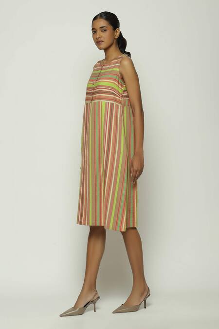 Abraham And Thakore Multi Color Cotton Round Neck Woven Striped Short Dress Online at Aza Fashions Abraham And Thakore_Multi Color Cotton Round Neck Woven Striped Short Dress_Online_at_Aza_Fashions