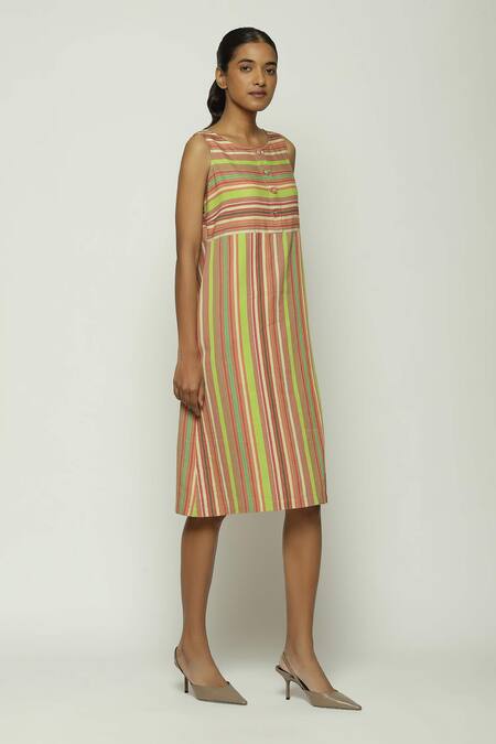 Buy Abraham And Thakore Multi Color Cotton Round Neck Woven Striped Short Dress Online at Aza Fashions Buy_Abraham And Thakore_Multi Color Cotton Round Neck Woven Striped Short Dress_Online_at_Aza_Fashions