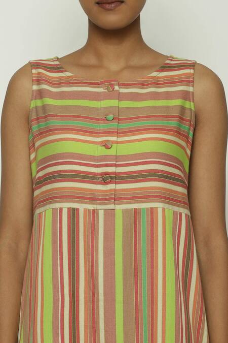Shop Abraham And Thakore Multi Color Cotton Round Neck Woven Striped Short Dress Online at Aza Fashions Shop_Abraham And Thakore_Multi Color Cotton Round Neck Woven Striped Short Dress_Online_at_Aza_Fashions