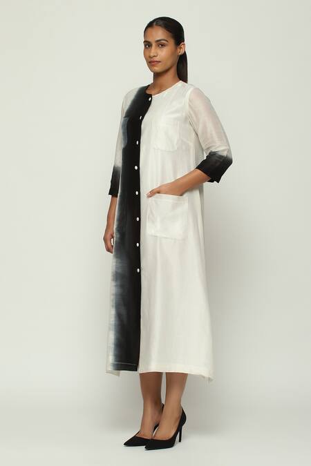 Abraham And Thakore_Ivory Chanderi Patchwork Round Neck Button Down Pocket Kurta_Online_at_Aza_Fashions
