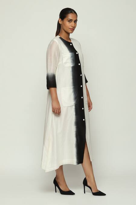 Buy_Abraham And Thakore_Ivory Chanderi Patchwork Round Neck Button Down Pocket Kurta_Online_at_Aza_Fashions