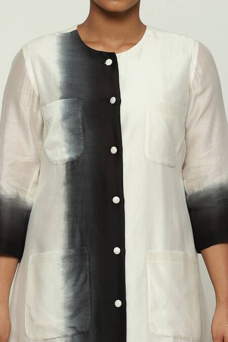 Shop_Abraham And Thakore_Ivory Chanderi Patchwork Round Neck Button Down Pocket Kurta_Online_at_Aza_Fashions