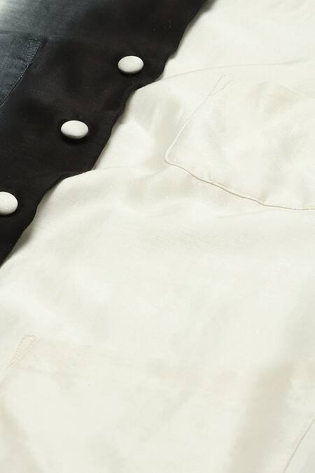 Abraham And Thakore_Ivory Chanderi Patchwork Round Neck Button Down Pocket Kurta_at_Aza_Fashions