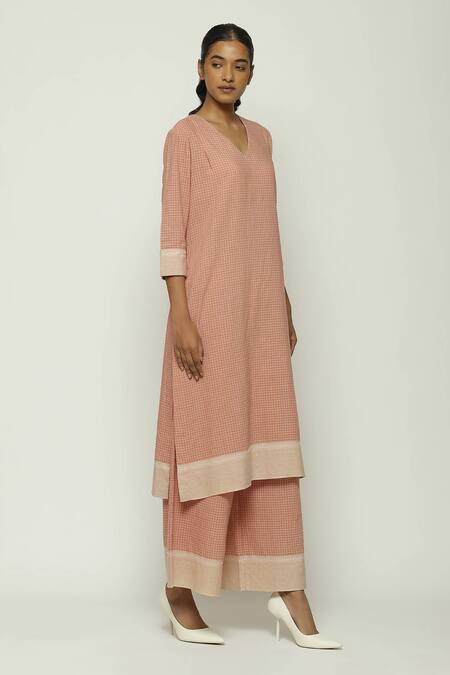 Buy_Abraham And Thakore_Red Cotton V-neck Checkered Pattern Kurta_Online_at_Aza_Fashions