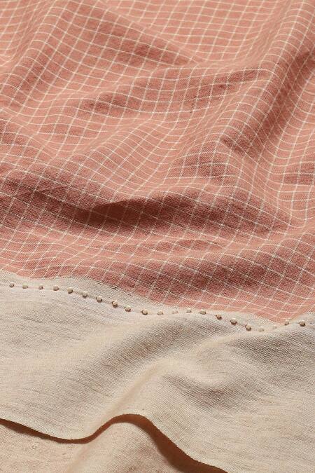 Abraham And Thakore_Red Cotton V-neck Checkered Pattern Kurta_at_Aza_Fashions