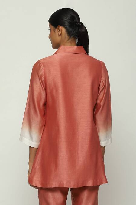 Shop Abraham And Thakore Red Chanderi Button-down Neck Ombre Down Shirt at Aza Fashions Shop_Abraham And Thakore_Red Chanderi Button-down Neck Ombre Down Shirt_at_Aza_Fashions