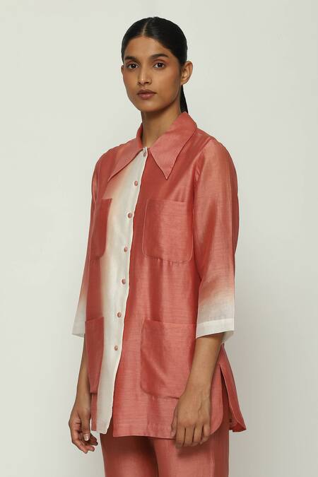 Buy Abraham And Thakore Red Chanderi Button-down Neck Ombre Down Shirt Online at Aza Fashions Buy_Abraham And Thakore_Red Chanderi Button-down Neck Ombre Down Shirt_Online_at_Aza_Fashions