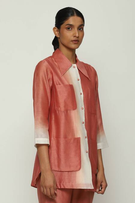 Shop Abraham And Thakore Red Chanderi Button-down Neck Ombre Down Shirt Online at Aza Fashions Shop_Abraham And Thakore_Red Chanderi Button-down Neck Ombre Down Shirt_Online_at_Aza_Fashions