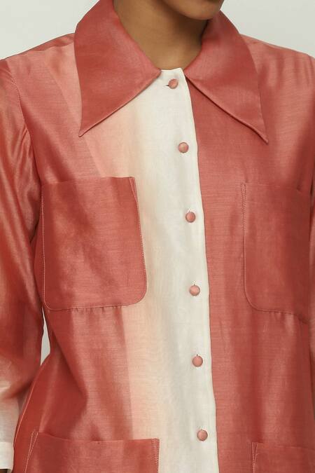 Abraham And Thakore Red Chanderi Button-down Neck Ombre Down Shirt at Aza Fashions Abraham And Thakore_Red Chanderi Button-down Neck Ombre Down Shirt_at_Aza_Fashions